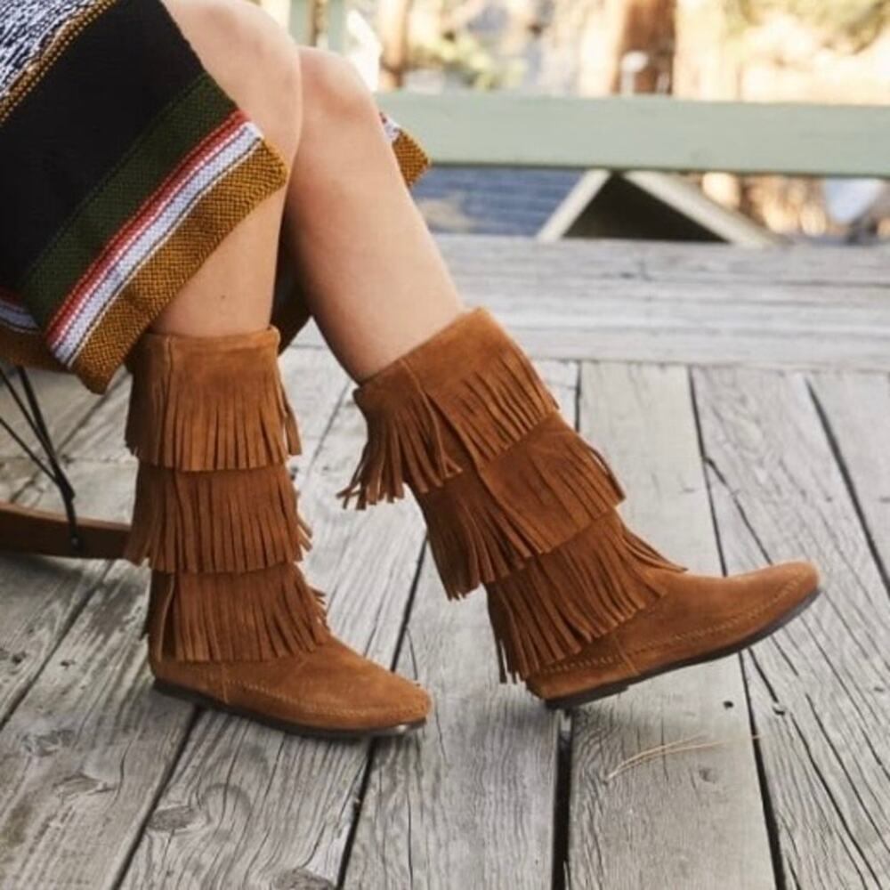 Minnetonka Moccasins 3 Layer Fringe Boot Brown Su… - image 1